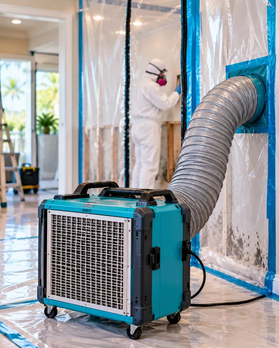 HEPA air scrubber and poly containment set up for mold remediation in Greenacres