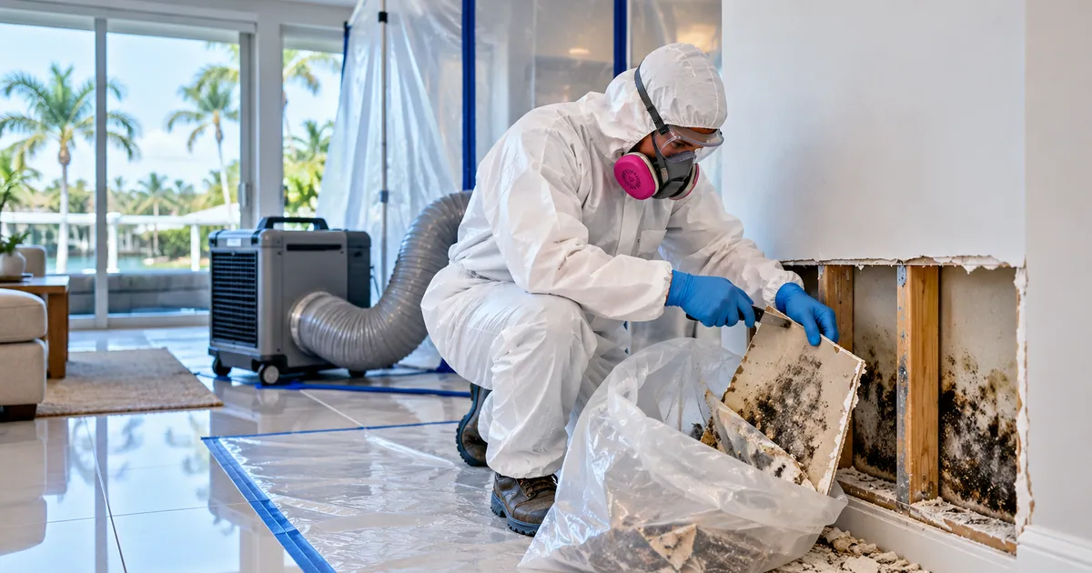 Older-Home Mold Removal in Greenacres, FL — technician removing mold under containment